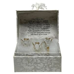Worry Box with 3 Glass Angels 4.5" x 3" x3"